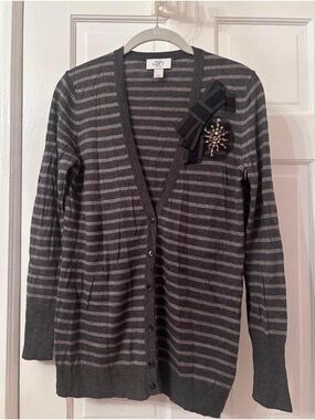 LOFT Gray and Charcoal Striped V-Neck Cardigan with Brooch